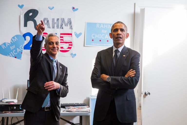 President Obama visits Chicago Mayor Rahm Emanuel in Chicago on Feb. 19, 2015. (AP Photo/Evan Vucci)