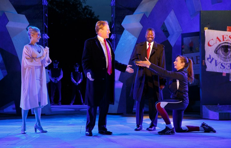 The play has drawn a great deal of controversy over its portrayal of the assassination of Caesar, who is made to look like the president.(Joan Marcus/The Public Theater via AP)