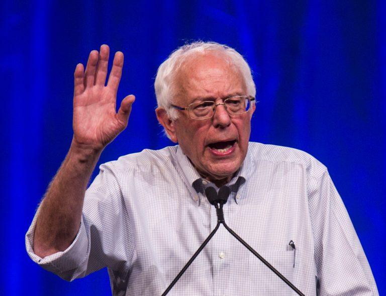 Democratic presidential candidate Sen. Bernie Sanders speaks at a rally, Monday, at the Los Angeles Memorial Sports Arena in Los Angeles. (AP Photo/Ringo H.W. Chiu)