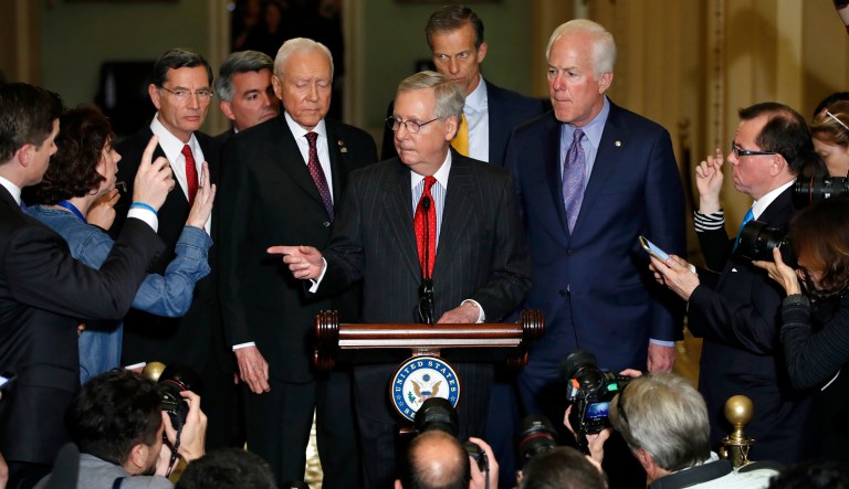 Mitch McConnell adjourned the Senate Tuesday night without setting a firm time for the vote. But Republicans said the plan was to vote on a motion to proceed to the bill Wednesday. (AP Photo/Jacquelyn Martin)