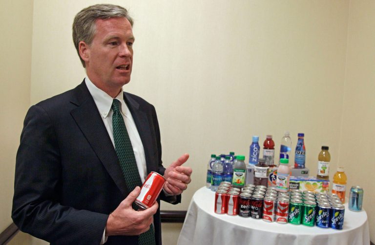   Steve Cahillane, president and CEO of Coca-Cola Refreshments, Inc., speaks during an interview with the Associated Press Thursday, June 7, 2012, while attending the Clinton Global Initiative America gathering in Chicago. Cahillane said that New York Mayor Michael Bloomberg's proposal to ban the sale of large sodas and other sugary drinks unfairly singles out an industry. He says the measure is overly simplistic and would do nothing to address the complex problems of obesity and other health issues. (AP Photo/M. Spencer Green)  