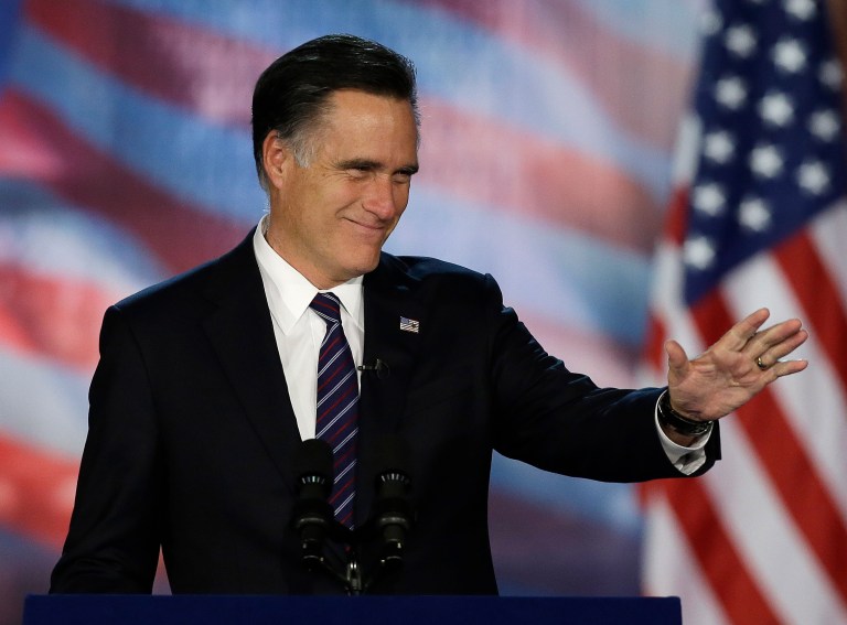 Former Massachusetts Gov. Mitt Romney arrives to his election night rally in Boston on Nov. 7, 2012. (AP Photo/Elise Amendola)