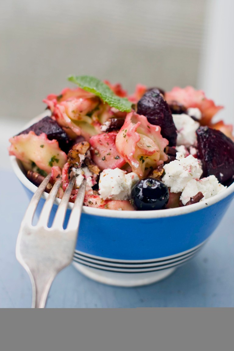   This image taken on May 14, 2012 in Concord, N.H. shows a roasted beet tortellini salad with fresh blueberries and soft goat cheese. (AP Photo/Matthew Mead)  