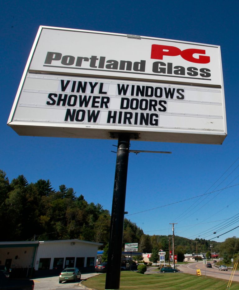 In this Wednesday, Sept. 18, 2013 photo, a sign solicits workers in Berlin, Vt.  The Labor Department on Thursday Oct. 10, 2013 reports on the number of Americans who applied for unemployment benefits last week. (AP Photo/Toby Talbot)