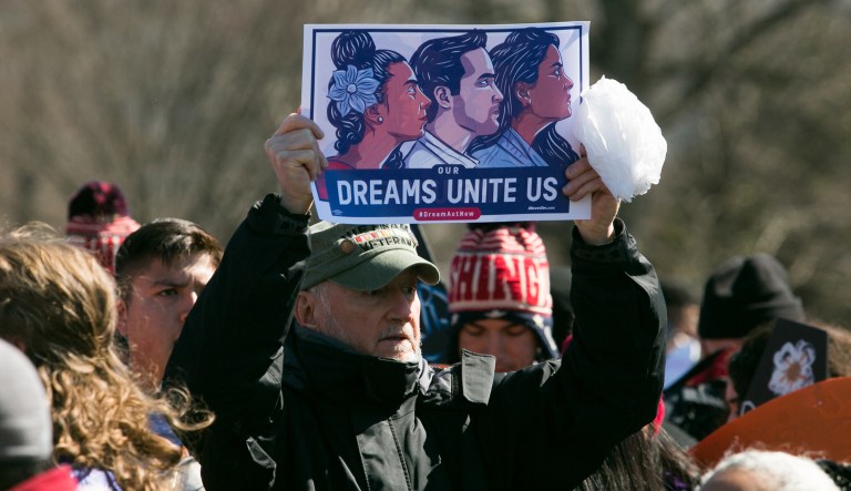 Supporters of the Deferred Action for Childhood Arrivals (DACA) recipients arrive at the U.S. Capitol on Monday, March 5, 2018. 