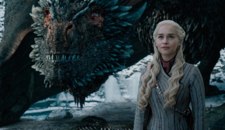 This image released by HBO shows Emilia Clarke in a scene from "Game of Thrones," that aired Sunday, May 5, 2019.