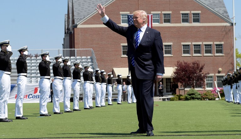 President Donald Trump waves as he arrives to give the commencement address at the U.S. Coast Guard Academy, Wednesday, May 17, 2017, in New London, Conn. (AP Photo/Susan Walsh)