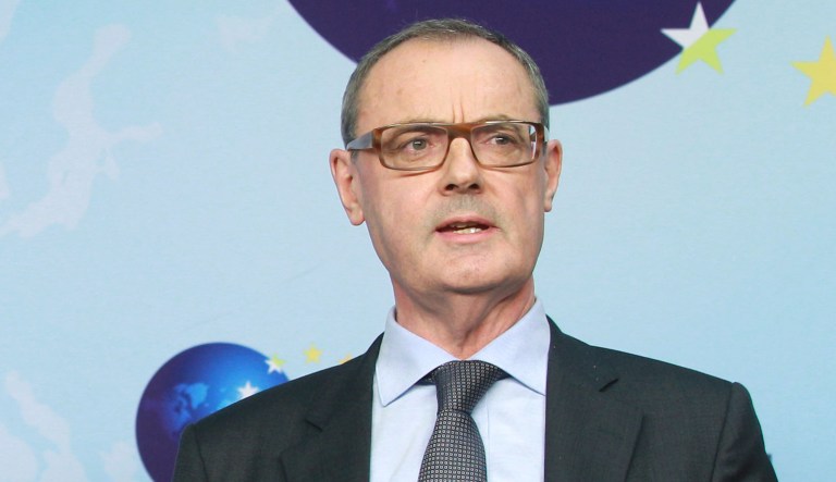 David O'Sullivan, EEAS Chief Operating Officer, and Yves Rossier, Swiss State Secretary at the Foreign Affairs Department address the media at the European External Action Service (EEAS) headquarters in Brussels, Thursday, Feb. 20, 2014.  Rossier discussed the situation with the EU after the Swiss Vote on Mass immigration.