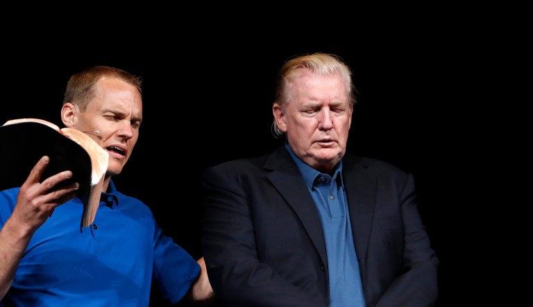 President Trump listens to Pastor David Platt as he prays for Trump at McLean Bible Church, in Vienna, Va., Sunday June 2, 2019.