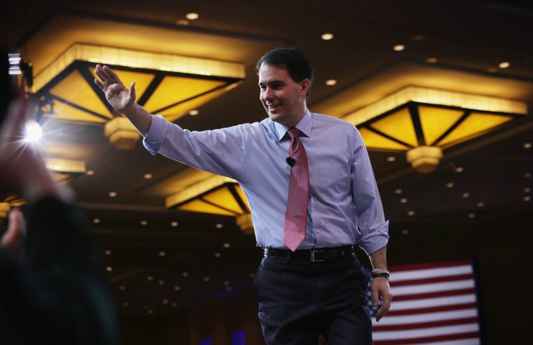 Wisconsin Gov. Scott Walker acknowledges the crowd after his speech at the 42nd annual Conservative Political Action Conference on Feb. 26, 2015 in National Harbor, Md. Conservative activists attended the annual political conference to discuss their agenda. (Photo by Alex Wong/Getty Images)
