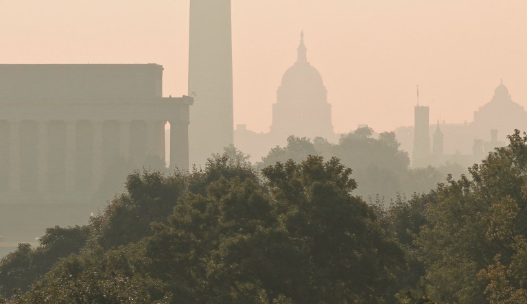 Viewed from an overlook in Virginia above the Potomac River are, from left to right, the Lincoln Memorial, Washington Monument, the Capitol, the Smithsonian Castle and the Library of Congress.