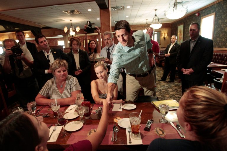 Republican vice presidential candidate, Rep. Paul Ryan, R-Wis., speaks to diners at Puritan Backroom restaurant, Saturday, Aug. 25, 2012 in Manchester, N.H.  (AP Photo/Mary Altaffer)