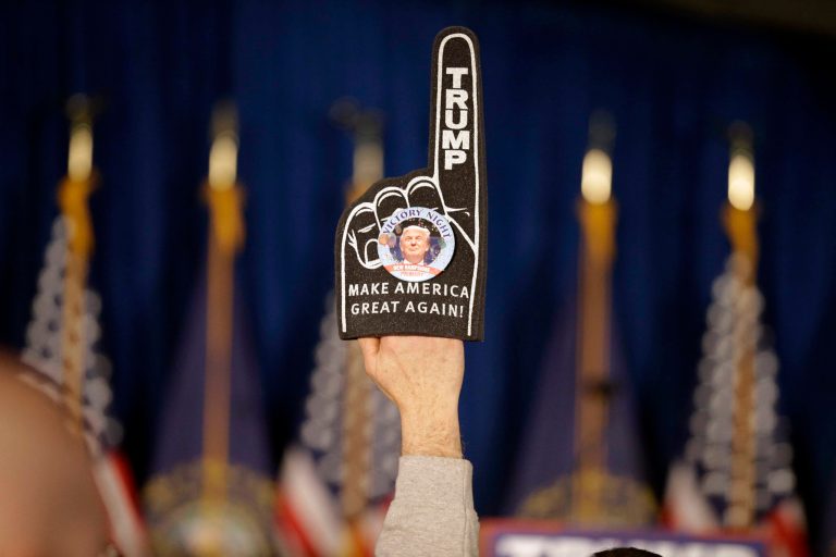 A supporter holds a foam finger sign promoting Republican presidential candidate businessman Donald Trump before he speaks at a primary night rally, Tuesday, Feb. 9, 2016, in Manchester, N.H. (AP Photo/David Goldman)