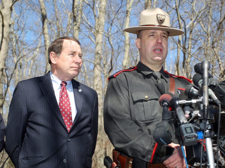 Rhode Island State Police Capt. Frank Castellone, right, and University of Rhode Island president David Dooley, left, address the media after the school ordered a lockdown of the campus in South Kingstown, R.I., Thursday, April 4, 2013. The school ended the lockdown after about 2? hours, and said despite reports of an active shooter on the campus, an investigation revealed there was no gun or active shooter at any time. (AP Photo/Stew Milne)