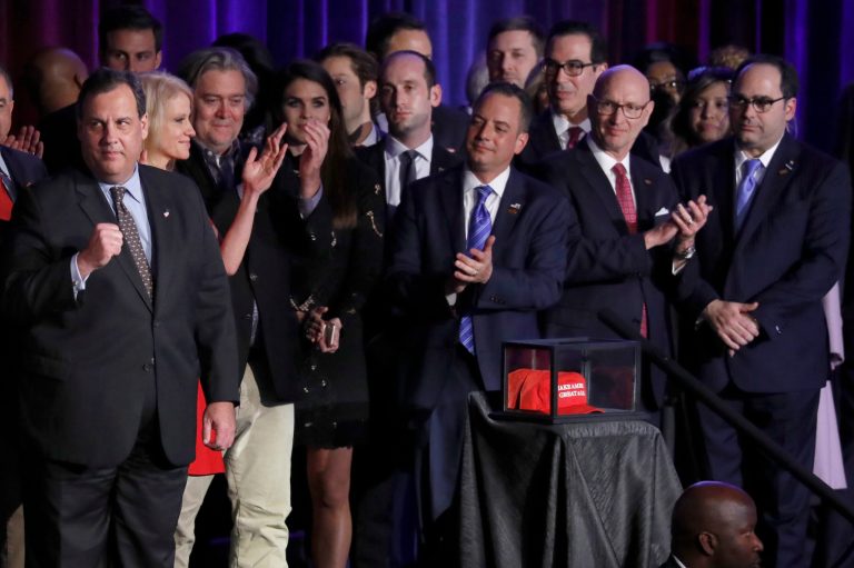 Donald Trump picks two from the crowd. (AP Photo/Mary Altaffer)