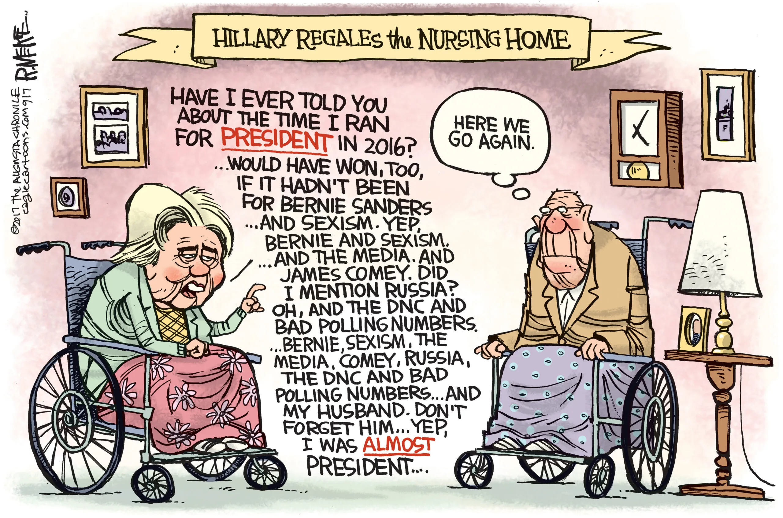 Editorial cartoon: Hillary Clinton regales the nursing home