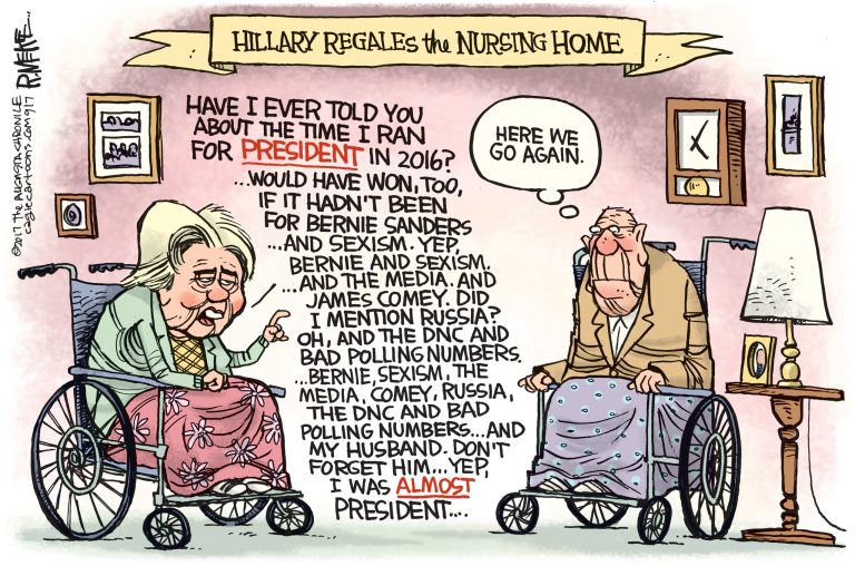 Editorial cartoon: Hillary Clinton regales the nursing home