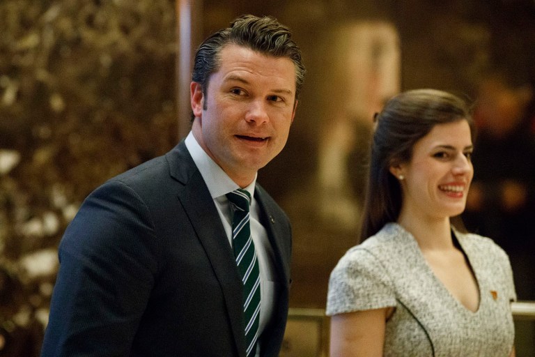 Pete Hegseth, former executive director of Vets For Freedom, walks to an elevator for a meeting with President-elect Donald Trump at Trump Tower in New York, Thursday, Dec. 15, 2016. (AP Photo/Evan Vucci)