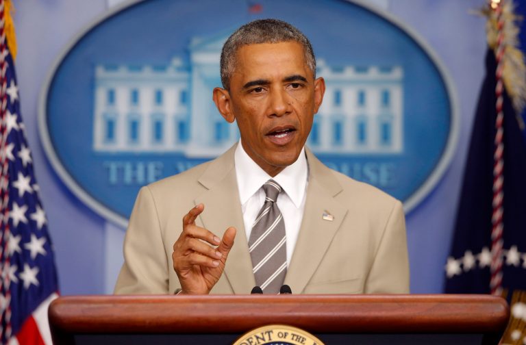 President Barack Obama speaks the economy, Iraq, and Ukraine, Thursday, Aug. 28, 2014, in the James Brady Press Briefing Room of the White House in Washington, before convening a meeting with his national security team on the militant threat in Syria and Iraq. (AP Photo/Charles Dharapak)