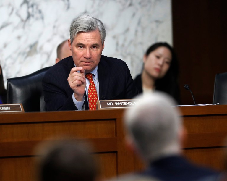 Senate Judiciary Committee member Sen. Sheldon Whitehouse, D-R.I., questions Supreme Court Justice nominee Neil Gorsuch, right, on Capitol Hill in Washington, Tuesday, March 21, 2017, during his confirmation hearing before the committee. (AP Photo/Pablo Martinez Monsivais)