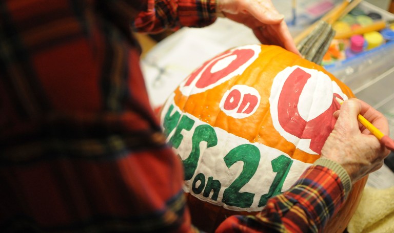 A supporter of a ballot measure that would cap short-term lenders' interest rates in South Dakota, decorates a pumpkin for the campaign in Sioux Falls, S.D. (AP Photo/James Nord, File)