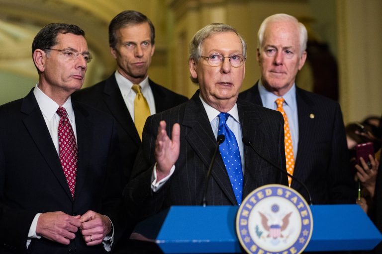 American Energy Alliance President Thomas Pyle referenced Mitch McConnell, center, who criticized President Obama earlier this week over the Paris climate agreement. (Washington Examiner/Graeme Jennings)
