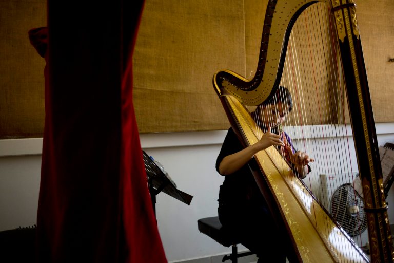 In this Sunday, May 4, 2014 photo, a musician plays harp during a practice at art school which adjoins the Damascus Opera House  in Damascus Syria. Two students were killed and five others were wounded when a mortar landed outside the Opera building in April 2014. (AP Photo/Dusan Vranic)