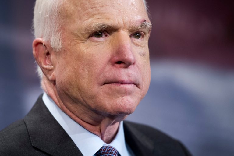 FILE--In this July 27, 2017, file photo, Sen. John McCain, R-Ariz., speaks to reporters on Capitol Hill in Washington. McCain says he hates the healthy diet his wife and daughter are forcing on him as he fights an aggressive form of brain cancer but expects to return to the Senate next month. (AP Photo/Cliff Owen, file)