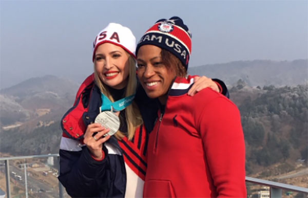 While meeting with U.S. athletes in South Korea, Trump was asked by Lauren Gibbs, a silver medalist in women's bobsled, if she'd like to try on her medial. (Photo courtesy of Ivanka Trump's Twitter account)