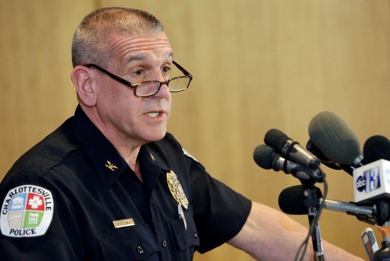 Charlottesville Police Chief Timothy Longo speaks during a news conference Monday, March 23, 2015, in Charlottesville, Va. A five-month police investigation into an alleged gang rape at the University of Virginia that Rolling Stone magazine described in graphic detail produced no evidence of the attack and was stymied by the accuser's unwillingness to cooperate, authorities said Monday. (AP Photo/Melody Robbins)