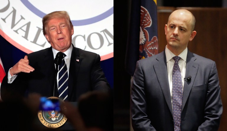According to Brietbart News, President Trump on Thursday mocked his former 2016 election rival Evan McMullin during the winter meeting of the Republican National Committee. McMullin, a Utah Republican and former CIA officer, ran as an independent. (AP Images)