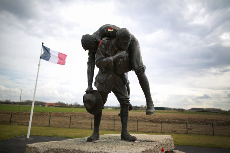 Peter Corlett's 'Cobbers' sculpture is displayed at V.C. Corner Australian Memorial on March 26, 2014 in Fromelles, France. (Photo by Peter Macdiarmid/Getty Images)