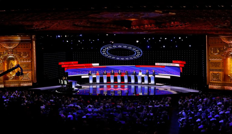 Sen. Michael Bennet, D-Colo., from left, Sen. Kirsten Gillibrand, D-N.Y., former Housing and Urban Development Secretary Julian Castro, Sen. Cory Booker, D-N.J., former Vice President Joe Biden, Sen. Kamala Harris, D-Calif., Andrew Yang, Rep. Tulsi Gabbard, D-Hawaii, Washington Gov. Jay Inslee and New York City Mayor Bill de Blasio participate in the second of two Democratic presidential primary debates hosted by CNN, July 31, 2019, in the Fox Theatre in Detroit.