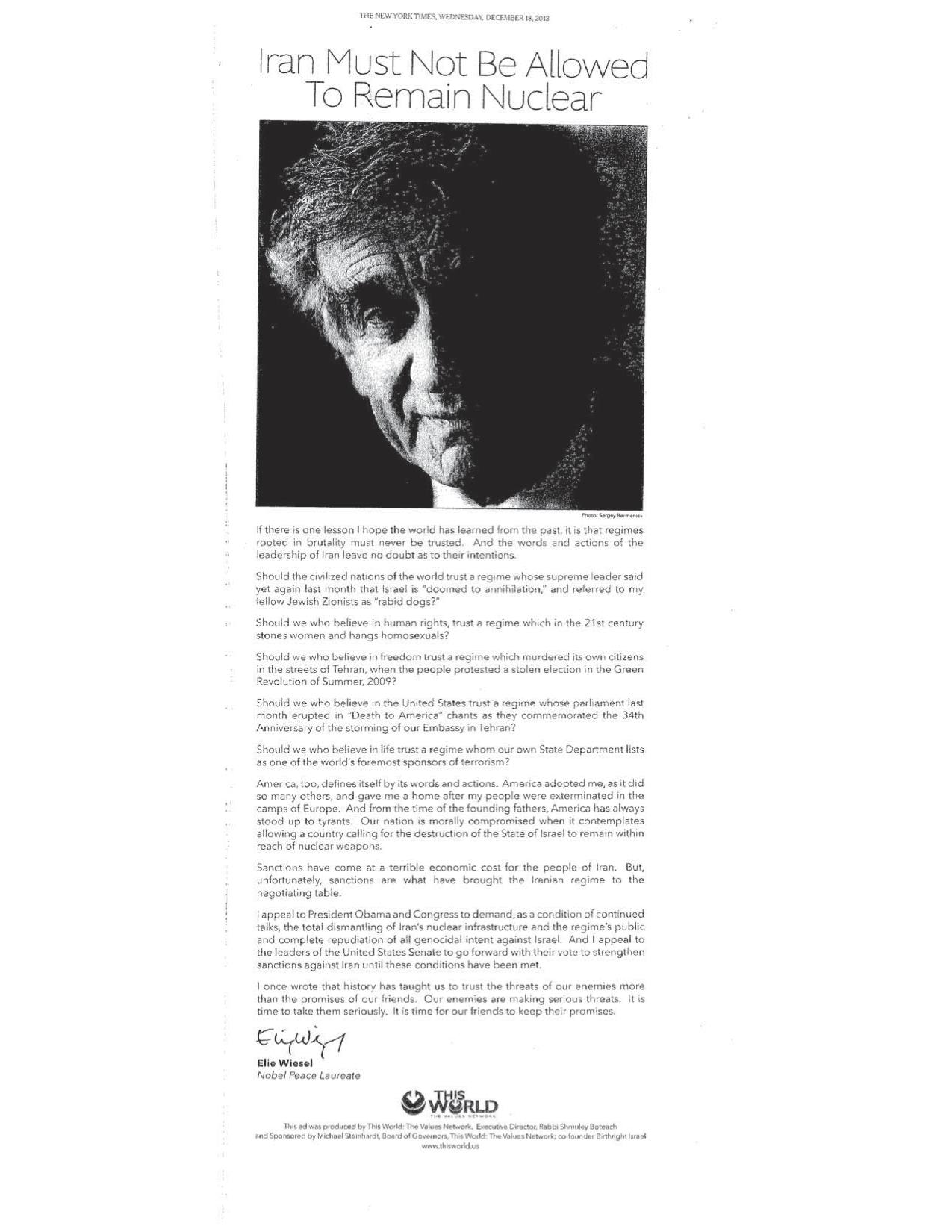 Elie Wiesel: ‘Iran Must Not Be Allowed to Remain Nuclear’