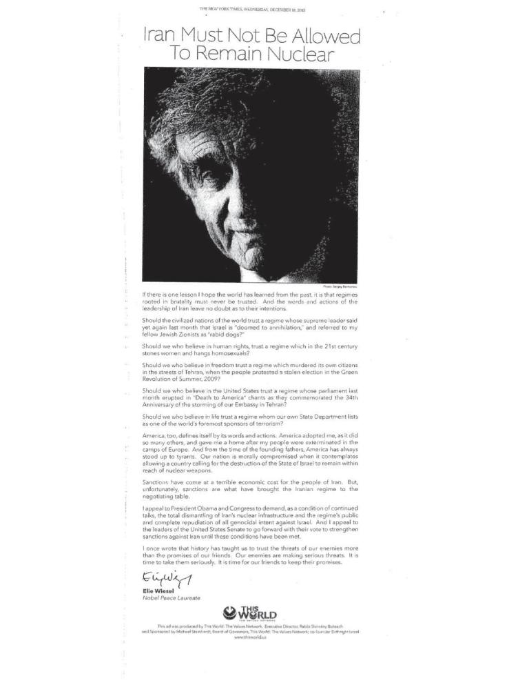 Elie Wiesel: ‘Iran Must Not Be Allowed to Remain Nuclear’