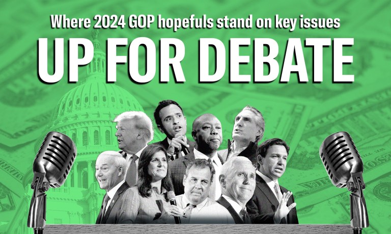 2024 presidential candidates; back row from left to right Donald Trump Vivek Ramaswamy, Tim Scott, Doug Burgum; front row Asa Hutchinson, Nikki Haley, Chris Christie, Mike Pence, Ron DeSantis