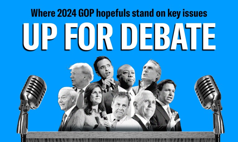 2024 Republican presidential hopefuls - clockwise from top left: Donald Trump, Vivek Ramaswamy, Tim Scott, Doug Burgum, Ron DeSantis, Mike Pence, Chris Christie, Nikki Haley, Asa Hutchinson