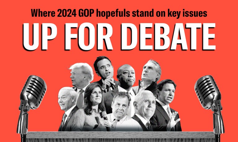 2024 candidates front row left to right Asa Hutchinson, Nikki Haley, Chris Christie, Mike Pence, Ron DeSantis; back row Donald Trump, Vivek Ramaswamy, Tim Scott, Doug Burgum