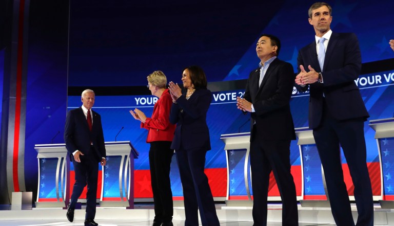 From left, Democratic presidential candidates Sen. Amy Klobuchar, D-Minn., Sen. Cory Booker, D-N.J., South Bend Mayor Pete Buttigieg, Sen. Bernie Sanders, I-Vt., former Vice President Joe Biden, Sen. Elizabeth Warren, D-Mass., Sen. Kamala Harris, D-Calif., entrepreneur Andrew Yang, former Texas Rep. Beto O'Rourke and former Housing Secretary Julian Castro are introduced for the Democratic presidential primary debate hosted by ABC on the campus of Texas Southern University Thursday, Sept. 12, 2019, in Houston. 