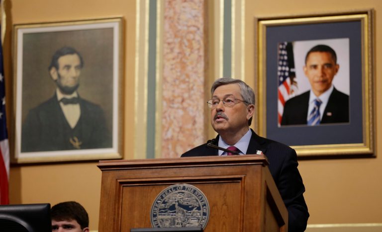 Iowa Gov. Terry Branstad delivers his Condition of the State address before a joint session of the Iowa Legislature, Tuesday, Jan. 14, 2014, at the Statehouse in Des Moines, Iowa. (AP Photo/Charlie Neibergall)