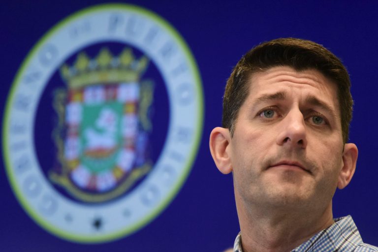 Speaker of the House Paul Ryan, R-Wis., pauses during a press conference at the Emergency Operations Center, in San Juan, Puerto Rico, Friday, Oct. 13, 2017. Ryan received a first-hand look at devastation left by Hurricane Maria in Puerto Rico as the island seeks billions in assistance to recover from the storm. (AP Photo/Carlos Giusti)