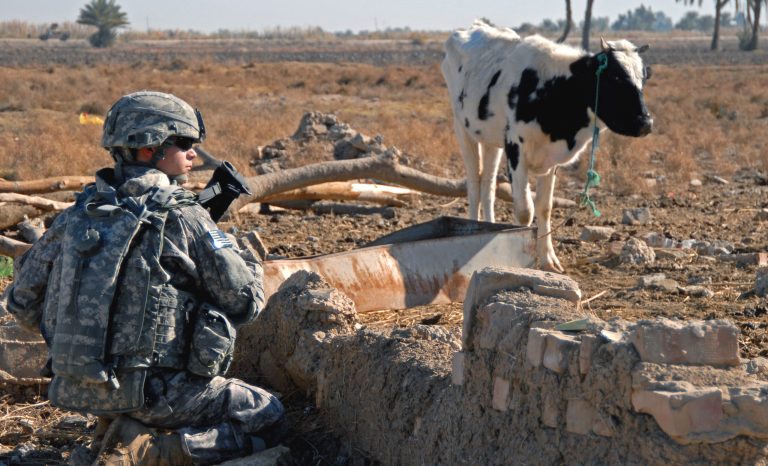 U.S. Army Pvt. Gregory Lloyd from 1st Battalion, 2nd Infantry Regiment, 172nd Infantry Brigade searches for munitions near Forward Operating Base Kalsu, Iraq, Dec. 29, 2008. 