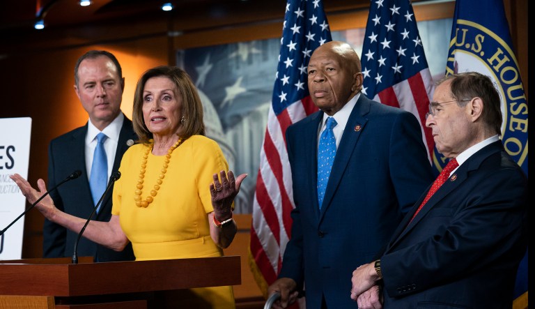 From left, House Intelligence Committee Chairman Adam Schiff, D-Calif., Speaker of the House Nancy Pelosi, D-Calif., House Oversight and Reform Committee Chairman Elijah Cummings, D-Md., and House Judiciary Committee Chair Jerrold Nadler, D-N.Y.