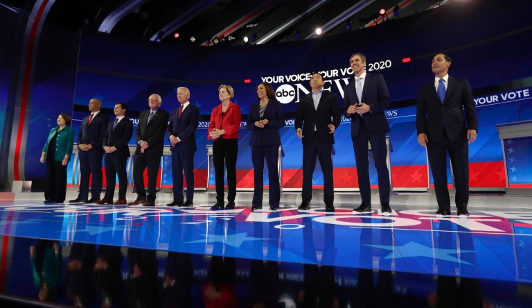 From left, Democratic presidential candidates Sen. Amy Klobuchar, D-Minn., Sen. Cory Booker, D-N.J., South Bend Mayor Pete Buttigieg, Sen. Bernie Sanders, I-Vt., former Vice President Joe Biden, Sen. Elizabeth Warren, D-Mass., Sen. Kamala Harris, D-Calif., entrepreneur Andrew Yang, former Texas Rep. Beto O'Rourke and former Housing Secretary Julian Castro are introduced for the Democratic presidential primary debate hosted by ABC on the campus of Texas Southern University Thursday, Sept. 12, 2019, in Houston.
