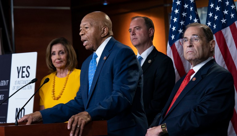 From left, Speaker of the House Nancy Pelosi, D-Calif., House Oversight and Reform Committee Chairman Elijah Cummings, D-Md., House Intelligence Committee Chairman Adam Schiff, D-Calif., and House Judiciary Committee Chair Jerrold Nadler, D-N.Y.