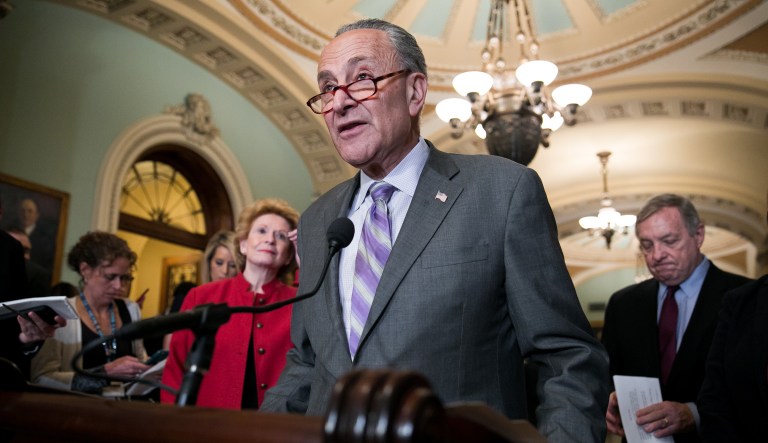 Senate Minority Leader Chuck Schumer, D-N.Y., speaks during a news conference on Capitol Hill.