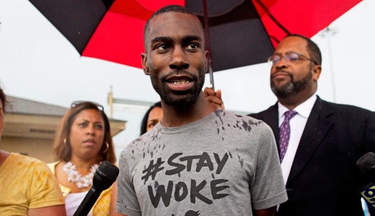 In this July 10, 2016, file photo, Black Lives Matter activist DeRay Mckesson talks to the media after his release from the Baton Rouge jail in Baton Rouge, La.