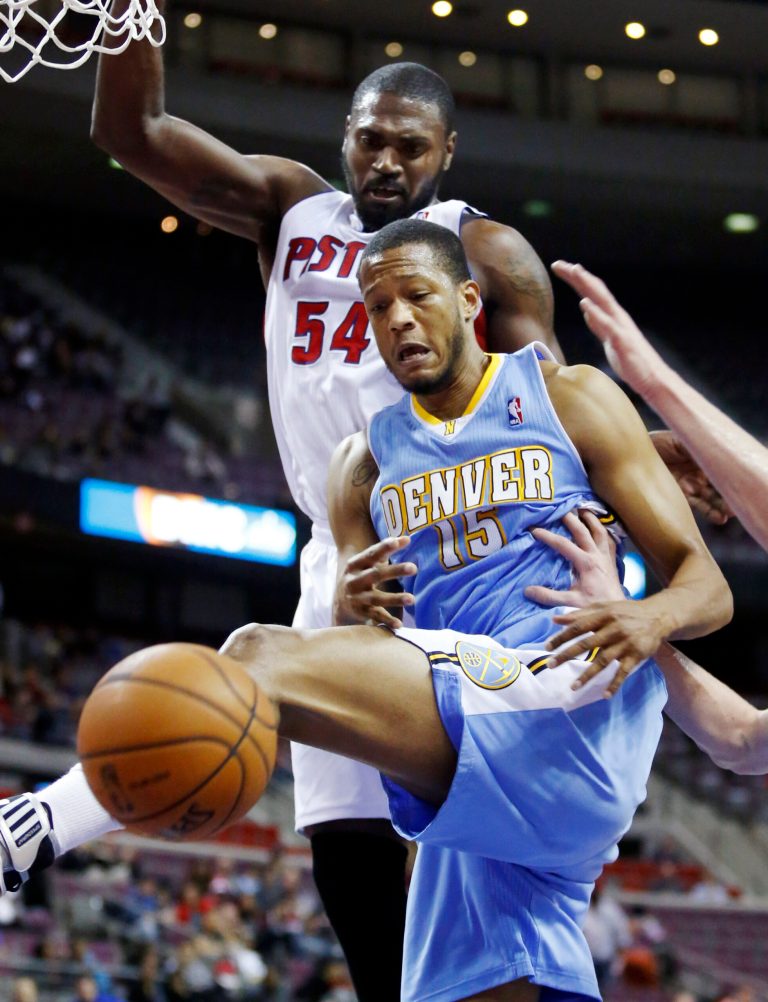   Denver Nuggets forward Anthony Randolph (15) loses a rebound against the defense of Detroit Pistons forward Jason Maxiell (54) in the first half of an NBA basketball game, Tuesday, Dec. 11, 2012, in Auburn Hills, Mich. (AP Photo/Duane Burleson)  
