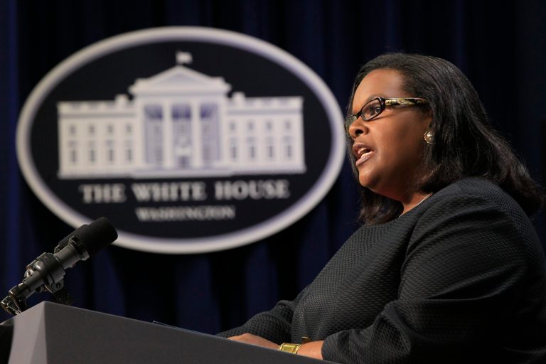 FILE - Chair of the Equal Employment Opportunity Commission Jacqueline Berrien speaks at a Middle Class Task Force event in the Eisenhower Executive Office Building across from the White House in Washington, in this Tuesday, July 20, 2010 file photo. The Equal Employment Opportunity Commission has updated 30-year-old guidelines to make clear that any form of workplace discrimination or harassment against pregnant workers by employers is a form of sex discrimination and illegal. (AP Photo/Charles Dharapak, File)