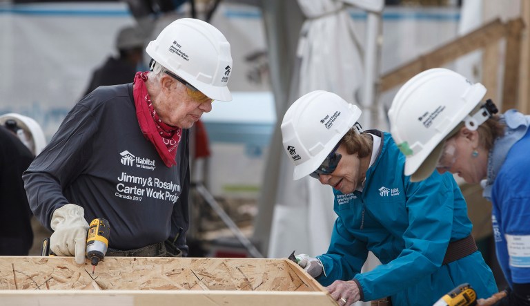 Carter was taken to the hospital as a precaution, according to a spokesperson for Habitat for Humanity. The spokesperson said Carter is now feeling fine. (Jason Franson/The Canadian Press via AP)